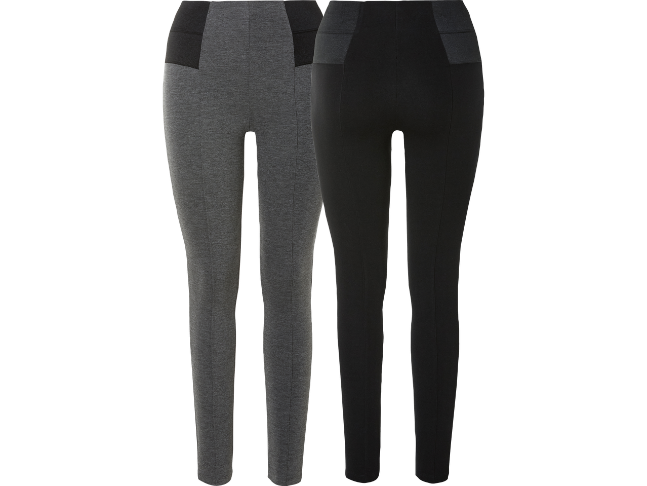 Två par leggings, ett grått och ett svart, med en bred, mörkare linning.