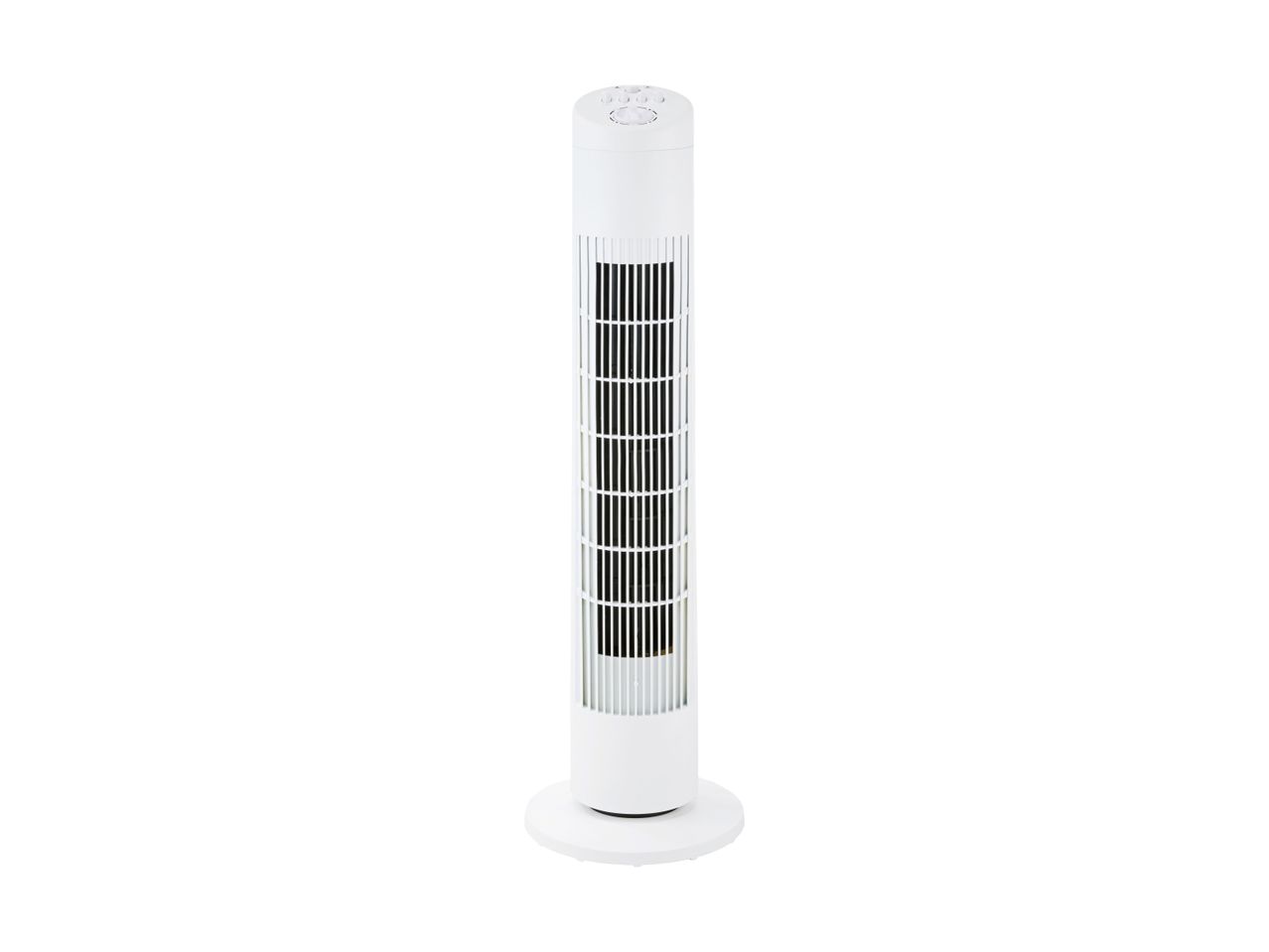Hvid tårnventilator med sort gitter og kontrolpanel på toppen.