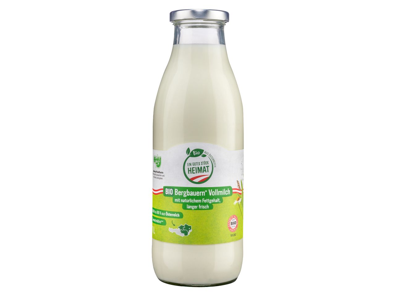 Eine Flasche Bio Bergbauern Vollmilch aus Österreich.