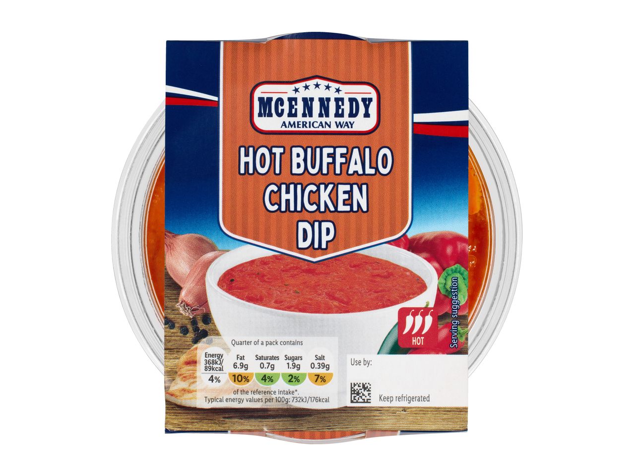 McEnnedy Hot Buffalo Chicken Dip with nutritional information and serving suggestion