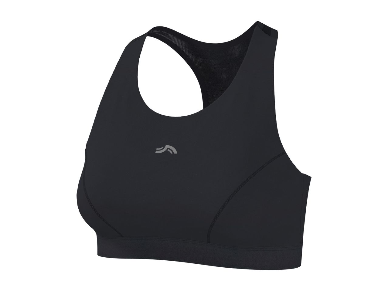 Black women's sports bra with a subtle grey logo on the front.