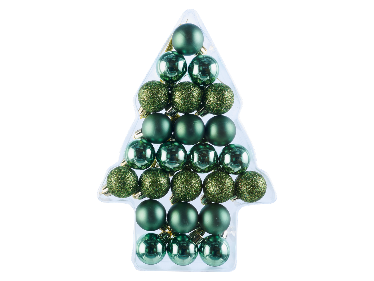 Livarno Home 24 zaļu Ziemassvētku bumbiņu komplekts eglītes formā.