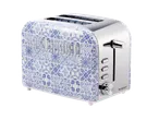 SilverCrest two-slice toaster with blue and white pattern.