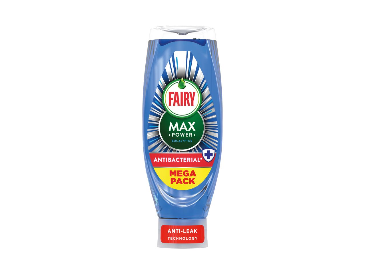 Blue dishwashing liquid bottle with 'MAX POWER EUCALYPTUS' and 'ANTIBACTERIAL' labels.