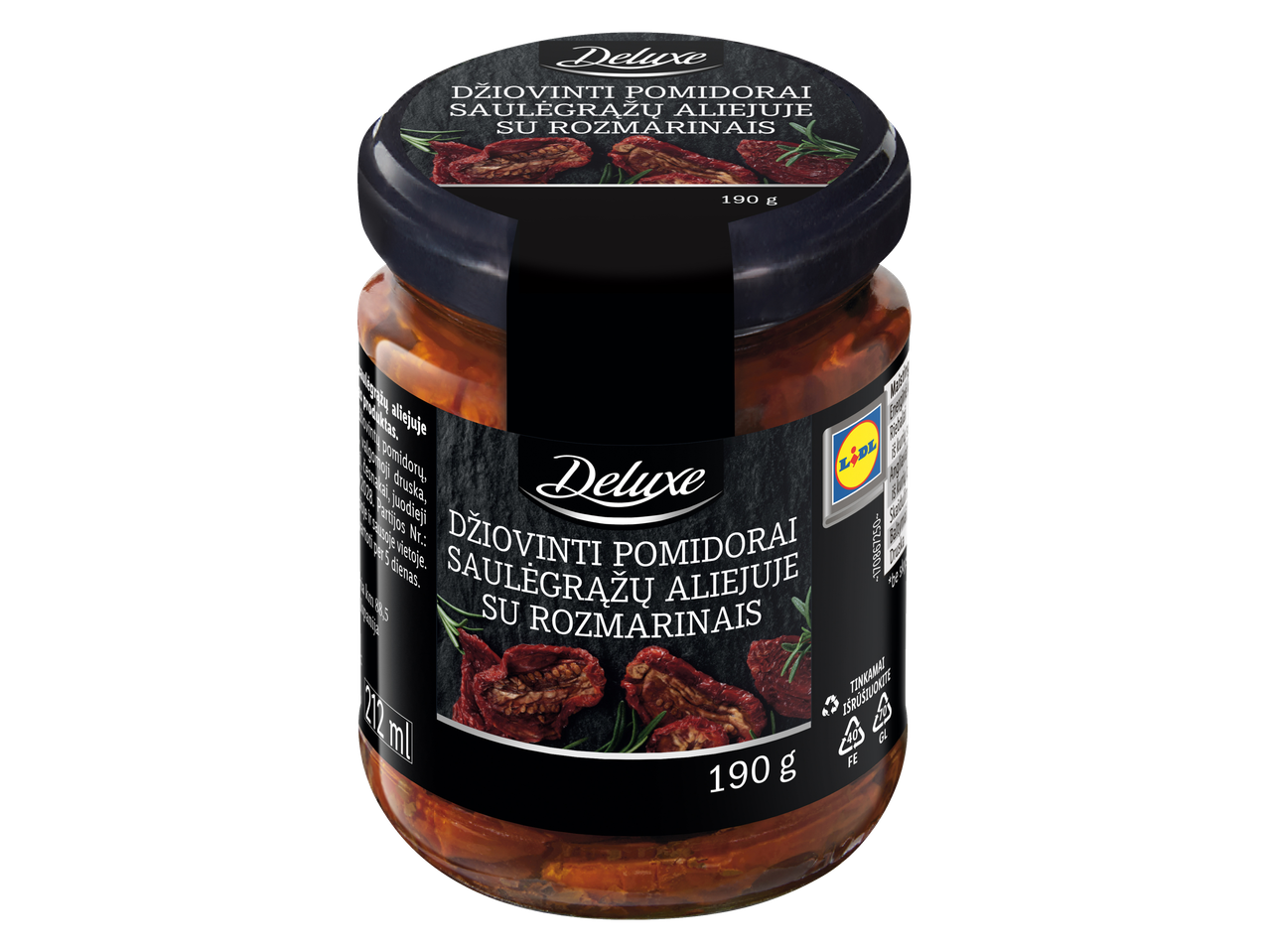 DELUXE džiovinti pomidorai su rozmarinais saulėgrąžų aliejuje, 190g stiklainis.