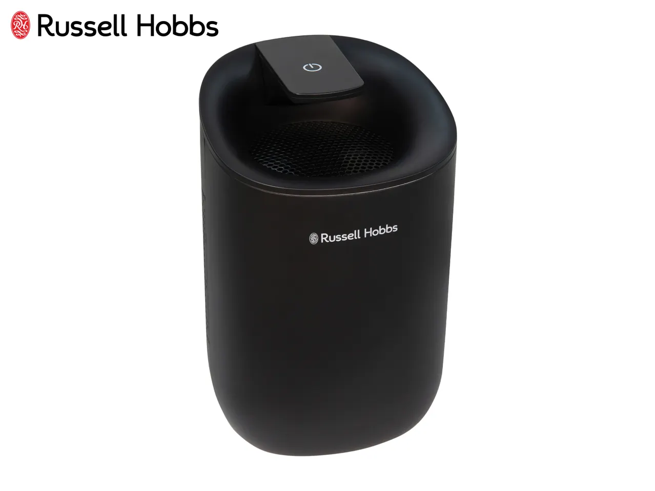 Sleek black compact dehumidifier with a top power button and air vent.