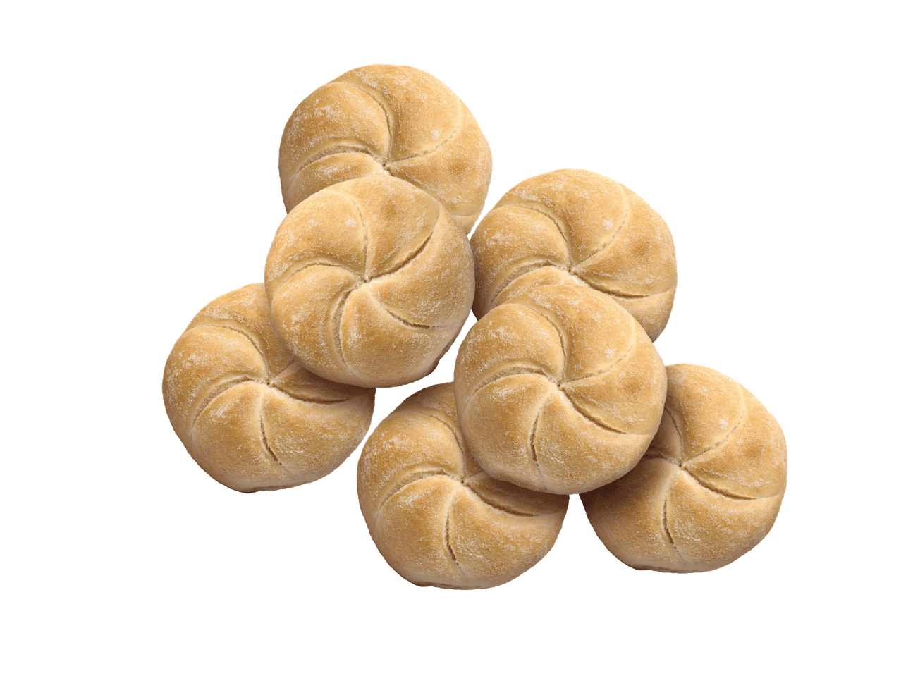 Septynios šviesios, apvalios duonos bandelės su raižytais viršumis, išdėliotos krūva.