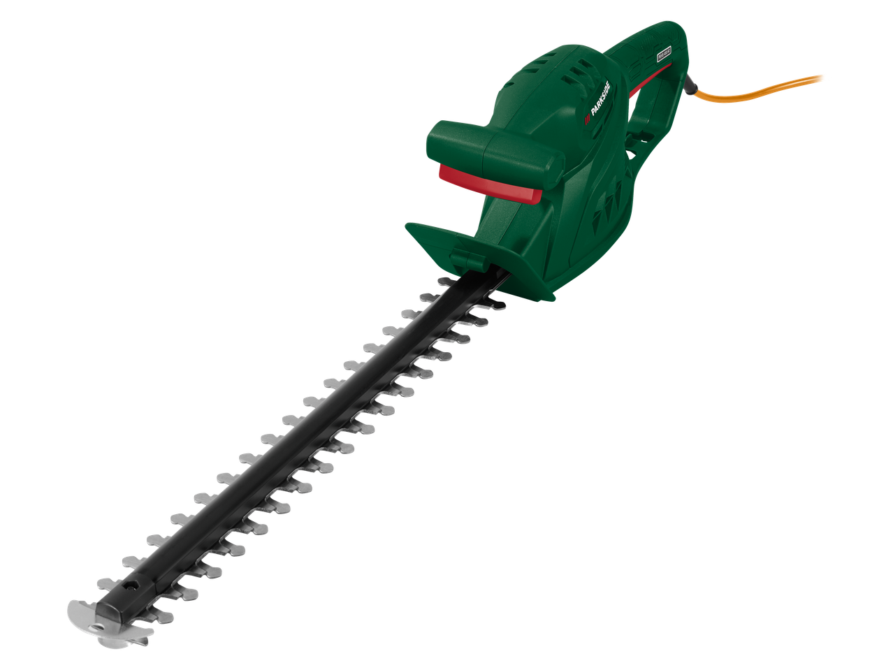 Parkside 450W Electric Hedge Trimmer, green and black with an orange power cord.
