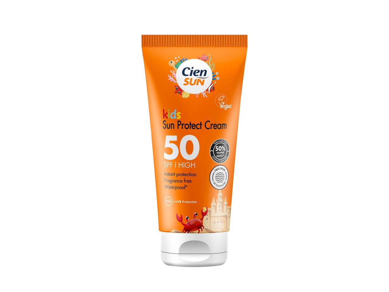 'Cien Sun' vaikų apsaugos nuo saulės kremas SPF 50, atsparus vandeniui.