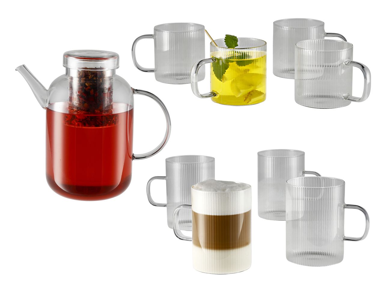 Teekanne mit rotem Tee, Latte Macchiato und gerippte Glasbecher