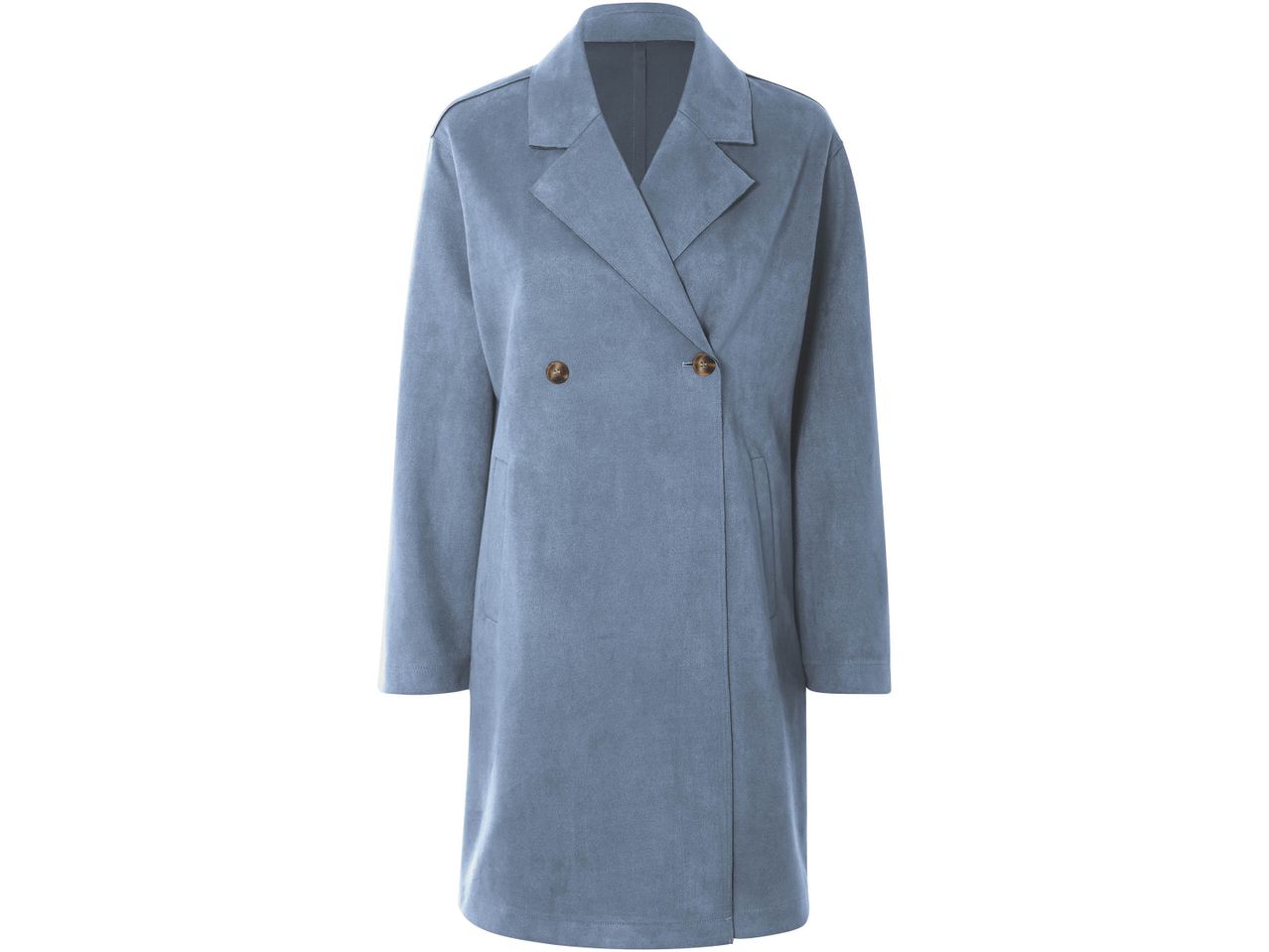 Cappotto doppiopetto blu in camoscio con bottoni marroni
