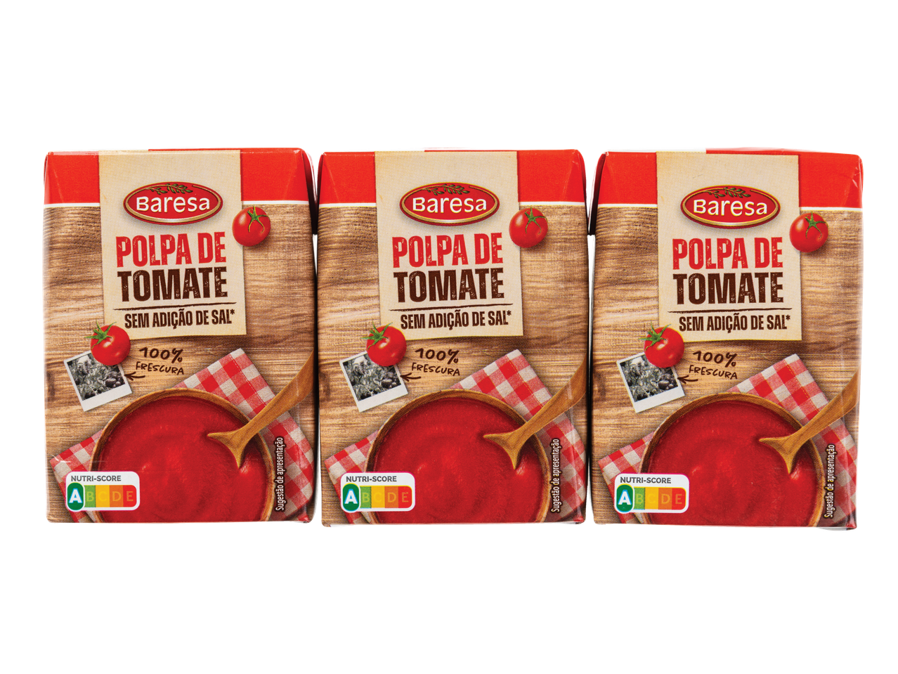 Três embalagens de Polpa de Tomate Baresa, sem adição de sal.