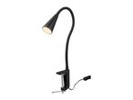 Black clamp-on desk lamp with a flexible gooseneck and a conical shade, illuminated.