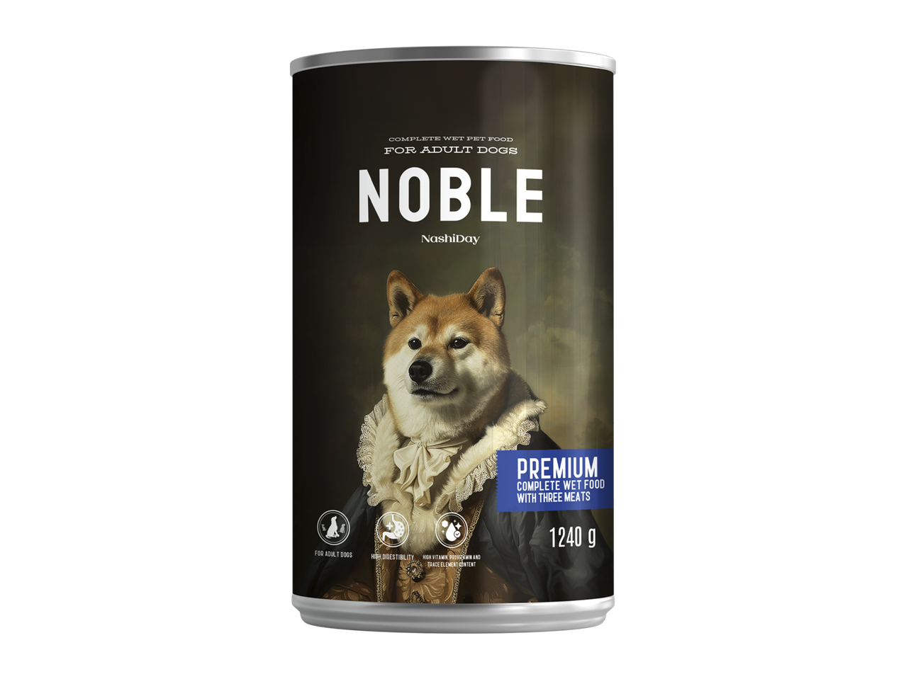 Conservă de hrană umedă pentru câini adulți, cu un Shiba Inu îmbrăcat în stil regal, 1240g.