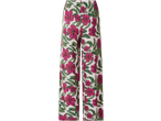Pantaloni de vară de damă ESMARA cu imprimeu floral de hibiscus roz și frunze verzi.