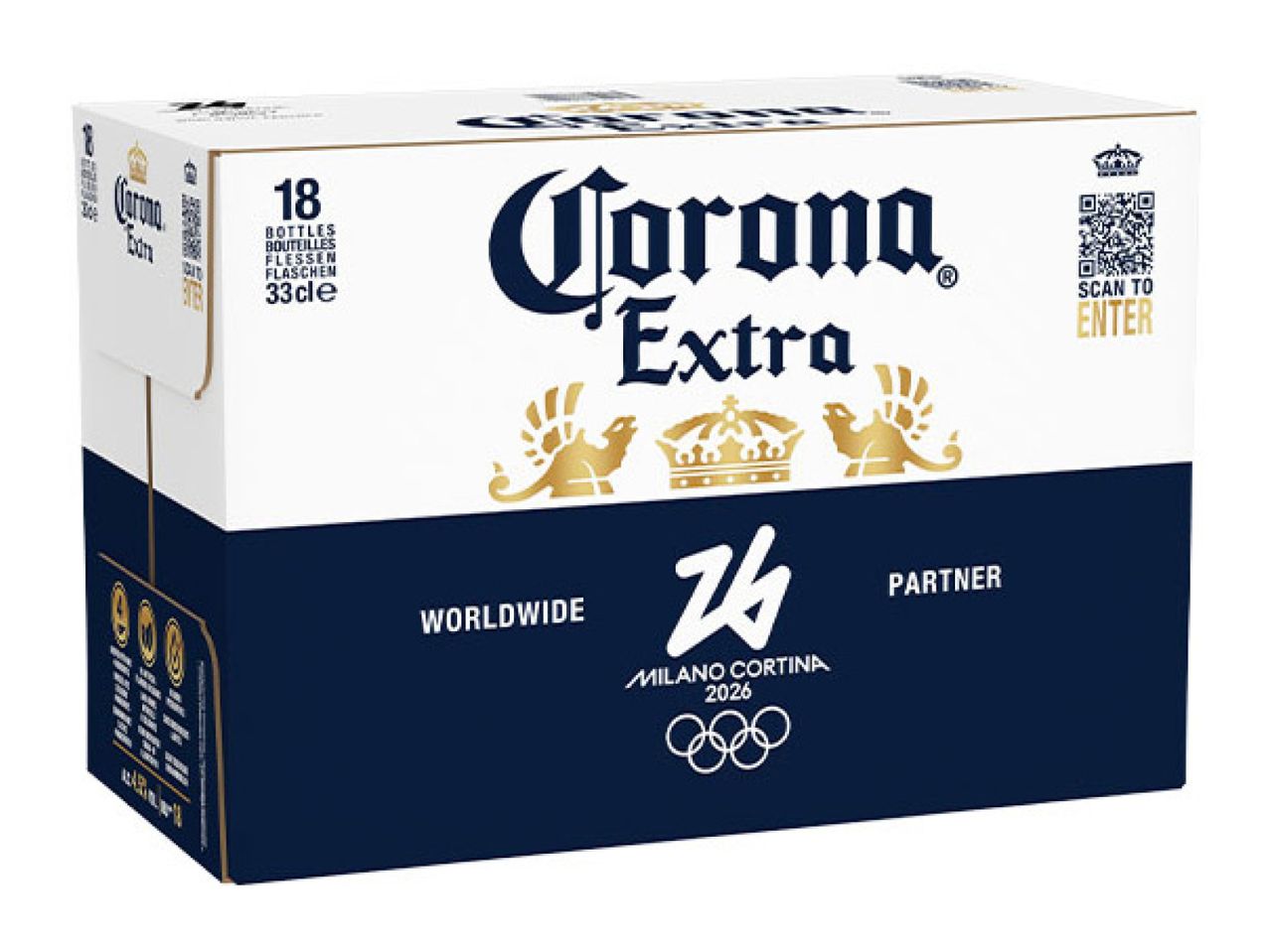 18-pack of beer bottles, 33cl each, with a white and blue design, featuring a worldwide partner logo for Milano Cortina 2026.