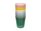 Stack of colorful plastic cups in pink, yellow, beige, blue, grey, and green.