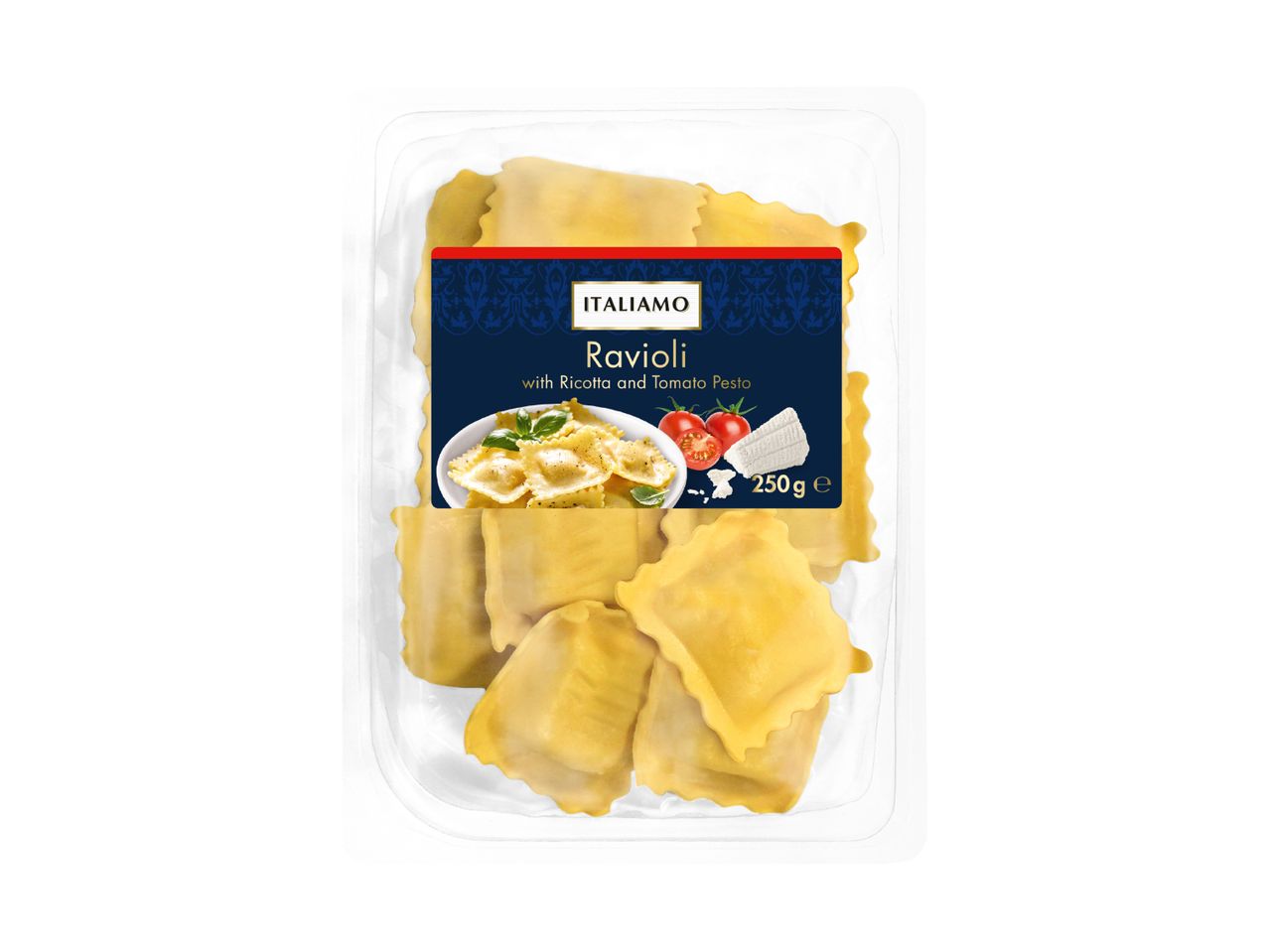 Pack of fresh ravioli pasta with ricotta and tomato pesto filling.