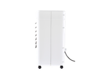 A white portable air conditioner.