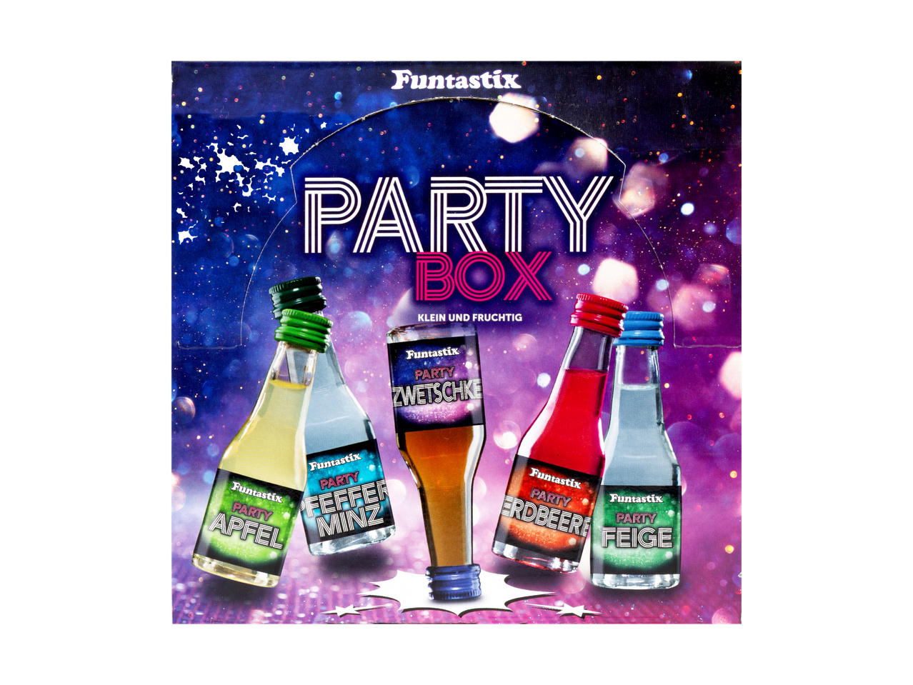 Funtastix Party Box mit kleinen Flaschen in verschiedenen Geschmacksrichtungen wie Apfel, Pfefferminz, Zwetschke, Erdbeere und Feige.