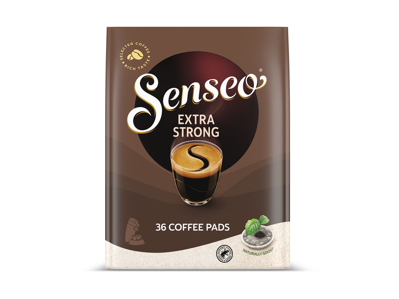 Verpakking met 36 extra sterke koffiepads, met een afbeelding van een kopje koffie.