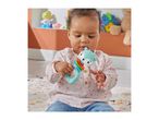 Baby playing with a blue fox-shaped rattle with colorful rings.