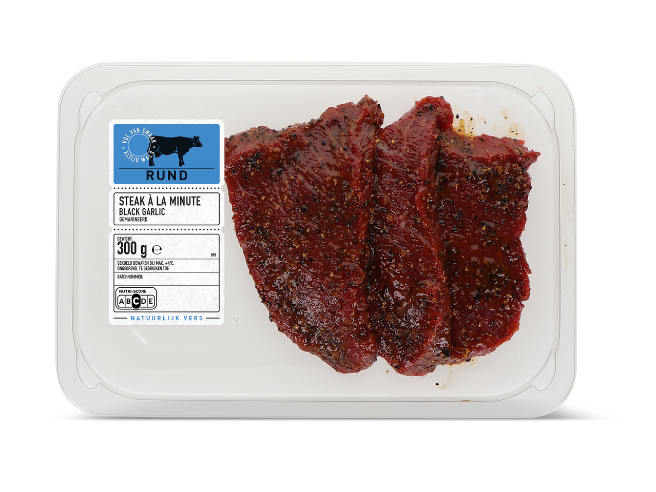 Verpakking met gemarineerde biefstukken met zwarte knoflook, 300g, met Nutri-Score C.
