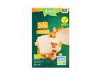 Dimljen tofu v rezinah in kockah, z oznakami za ekološko in vegansko poreklo.
