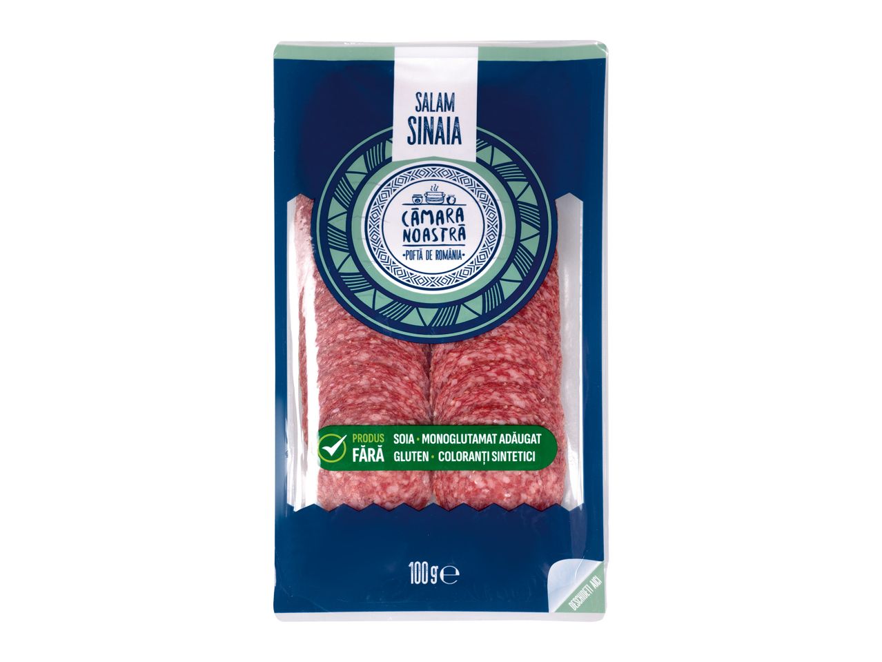 Ambalaj de salam Sinaia de la Cămara Noastră, 100g, fără gluten și coloranți sintetici.