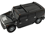 Black toy SUV with silver accents, viewed from above at an angle.