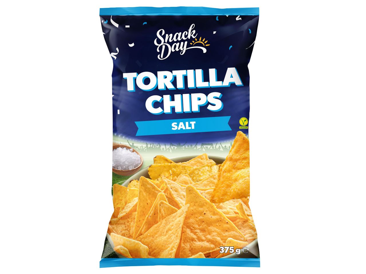 Snack Day tortilla chips, sós íz, 375g-os tasakban.