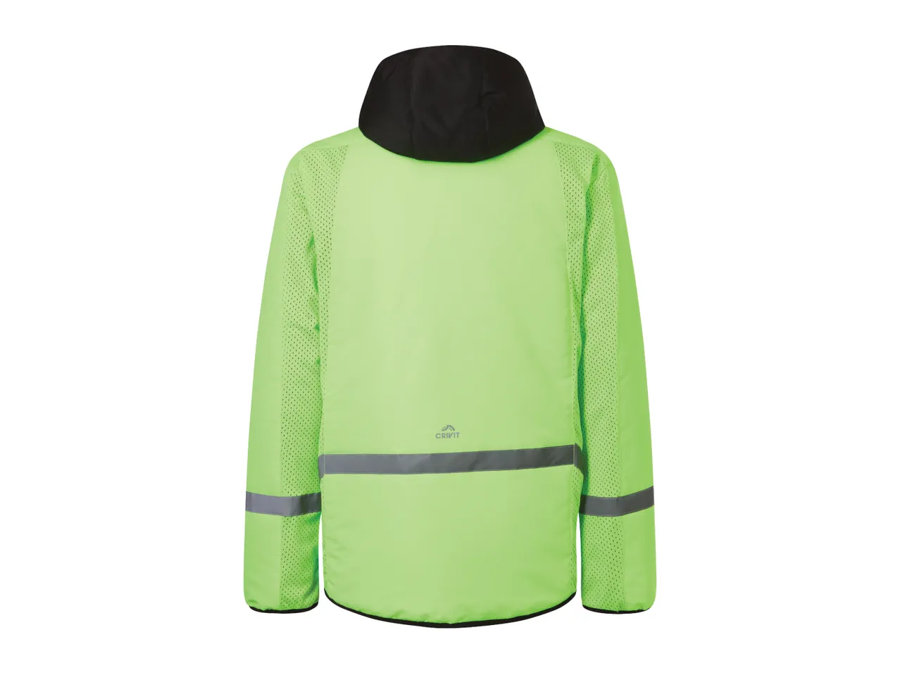 Back view of a Crivit lime green hooded jacket with reflective strips.