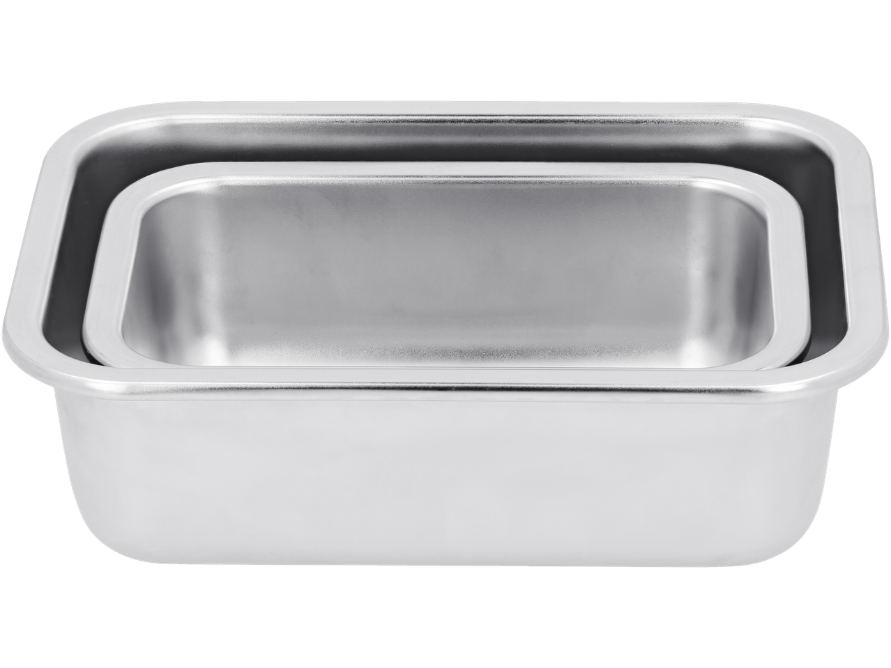 Două tăvi de copt dreptunghiulare din oțel inoxidabil, așezate una în alta