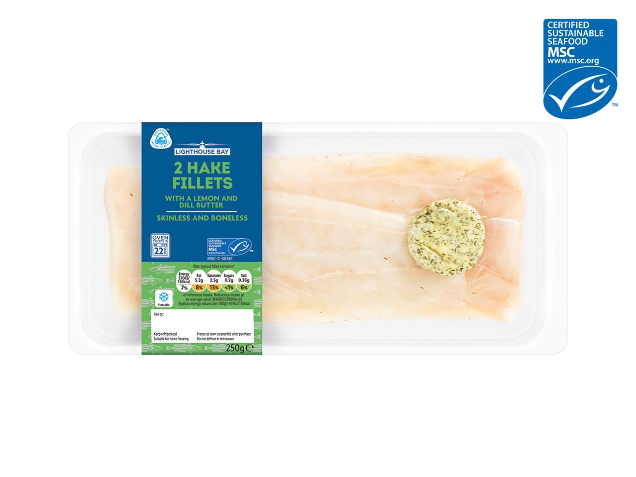 Lighthouse Bay: 2 Hake fillets with lemon and dill butter.