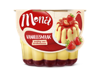 Vanillepudding met aardbeiensaus in een verpakking, met een afbeelding van de pudding en aardbeien.