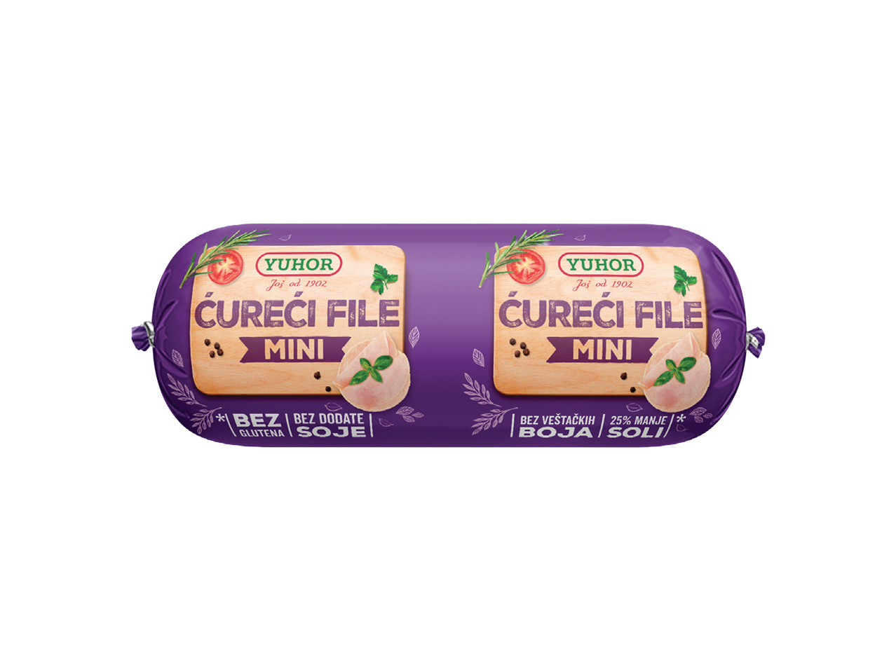 Dva pakovanja mini ćurećeg filea sa natpisima o sastojcima i smanjenom sadržaju soli.