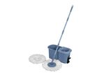 A blue spin mop and bucket set with two white mop heads on a white background.