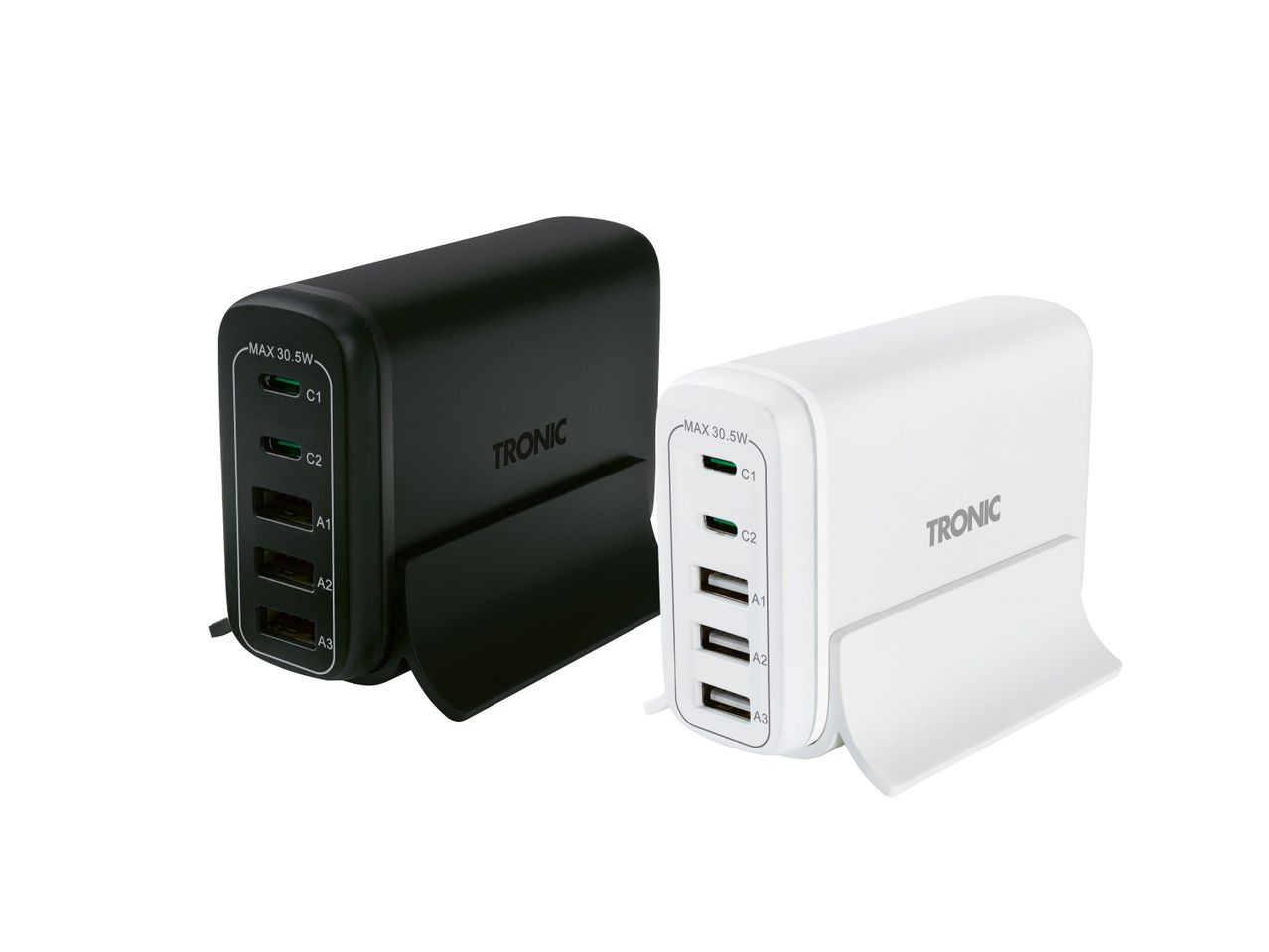 Zwei USB-Ladegeräte, eines in Schwarz und eines in Weiß, mit jeweils fünf Anschlüssen und der Aufschrift „MAX 30.5W“.