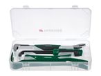 A clear plastic case containing various green and black Parkside tools, including pry bars.