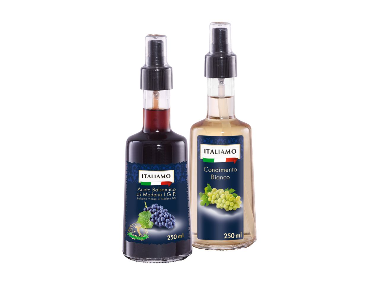 Dve steklenici Italiamo balzamičnega in belega kisa s pršilnikom.
