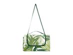 Foldable picnic blanket with a green leaf pattern and a carrying strap