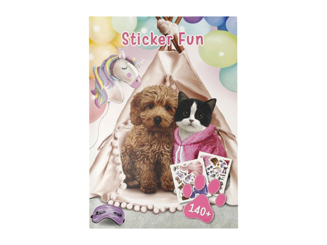 Sticker Fun book with a puppy and kitten in a tent, unicorn balloon, and 140+ stickers.