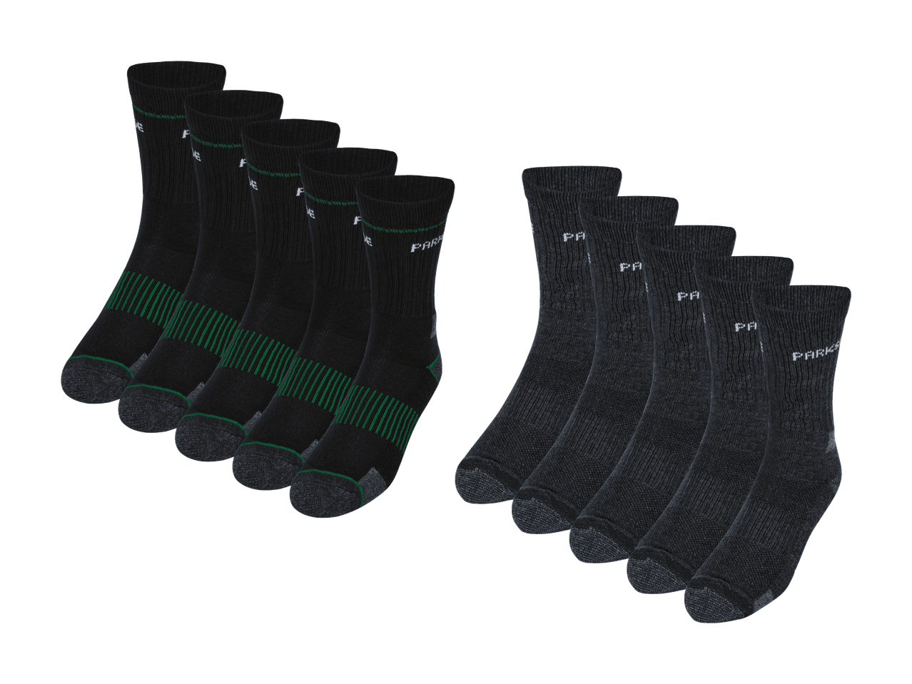 Zehn Paar schwarze Sportsocken, fünf mit grünen Streifen und fünf unifarben.