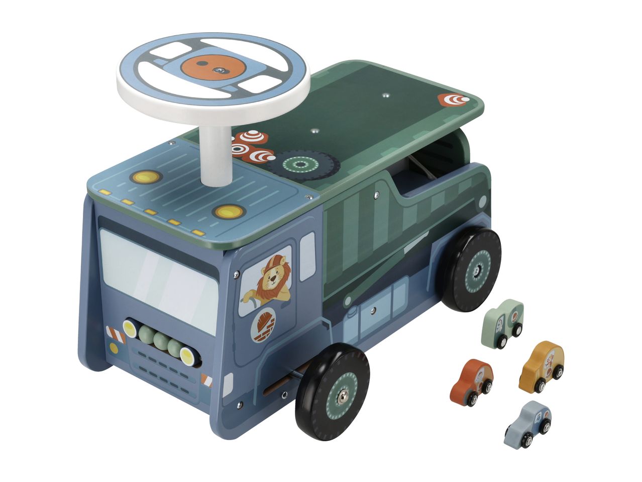 Wooden ride-on toy truck with a steering wheel and four small wooden cars.
