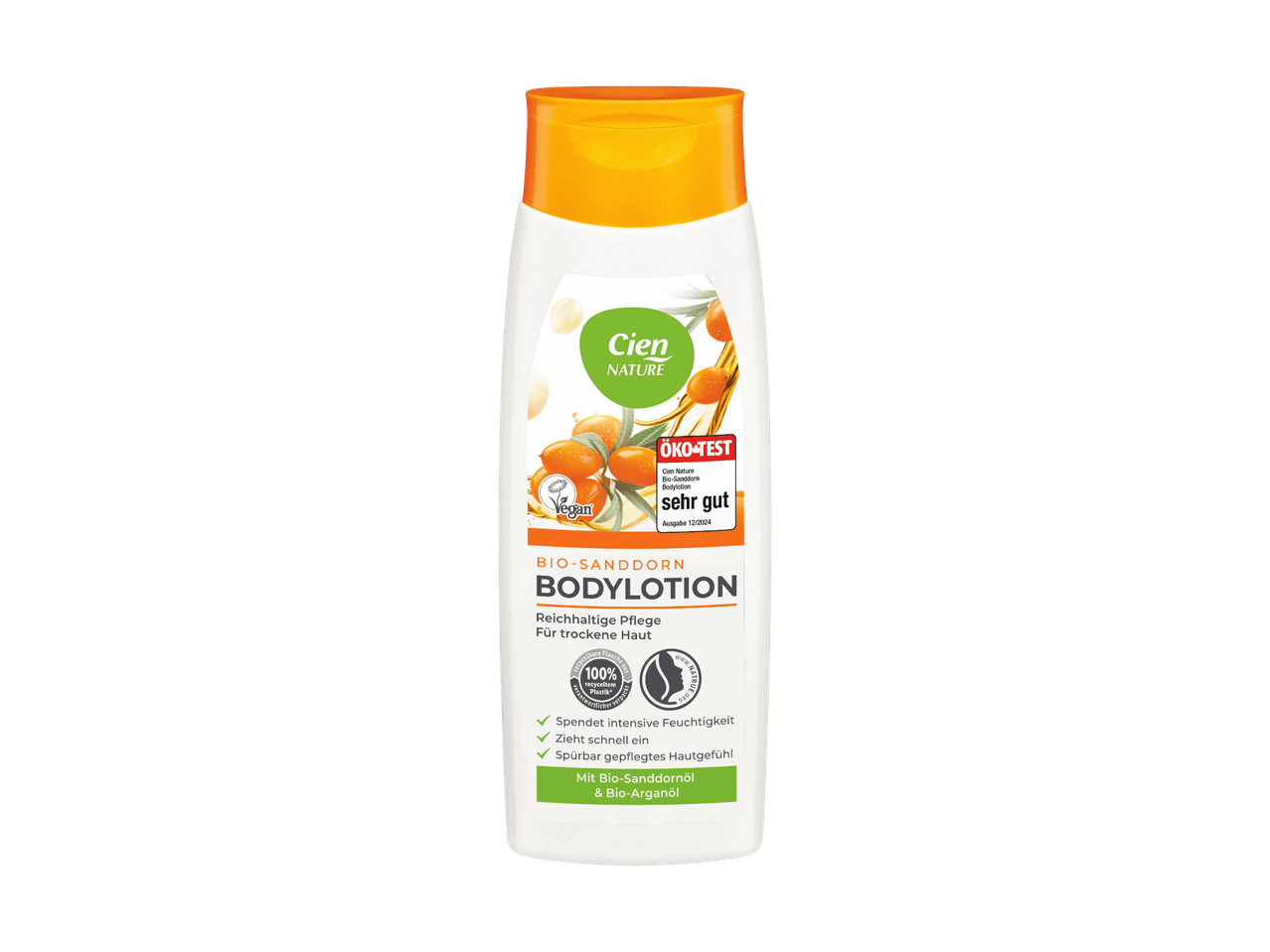 Bio-Sanddorn Bodylotion für trockene Haut in einer weißen Flasche mit orangefarbenem Deckel.