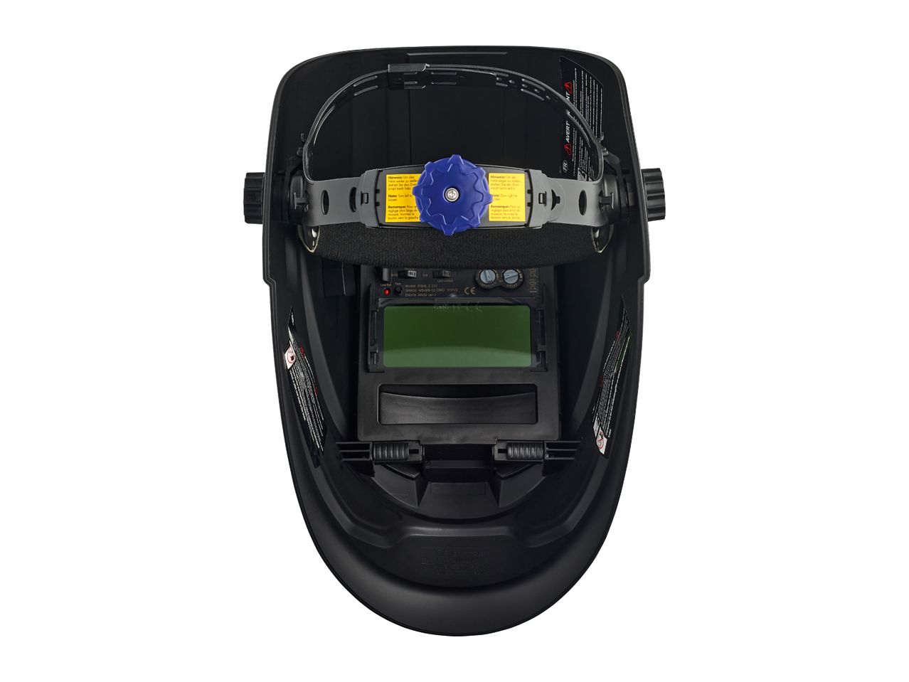Top view of a black welding helmet with a digital display and adjustable headgear.