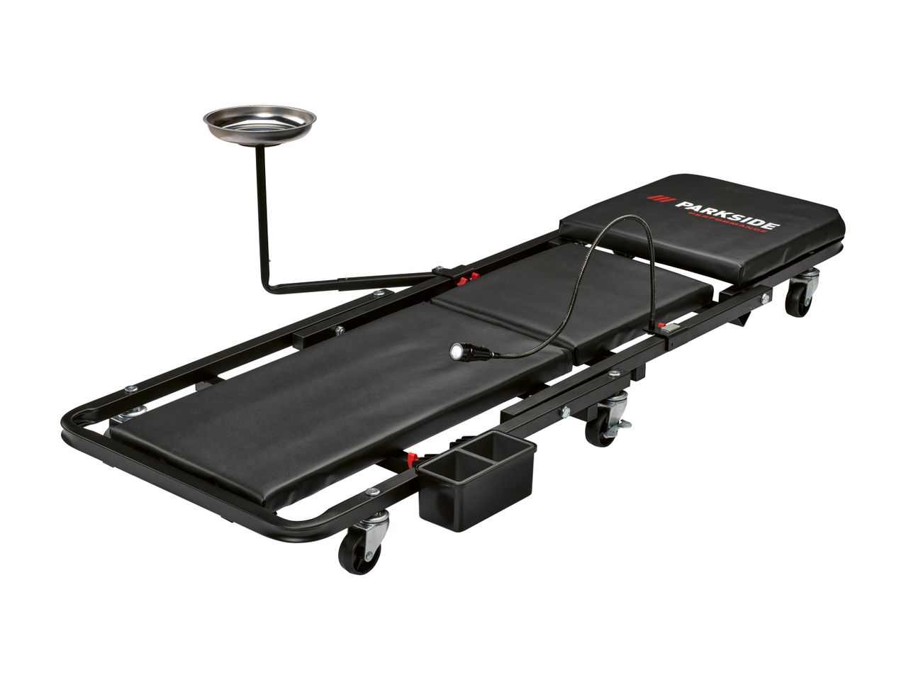 Parkside Performance creeper with tray, light, and storage.