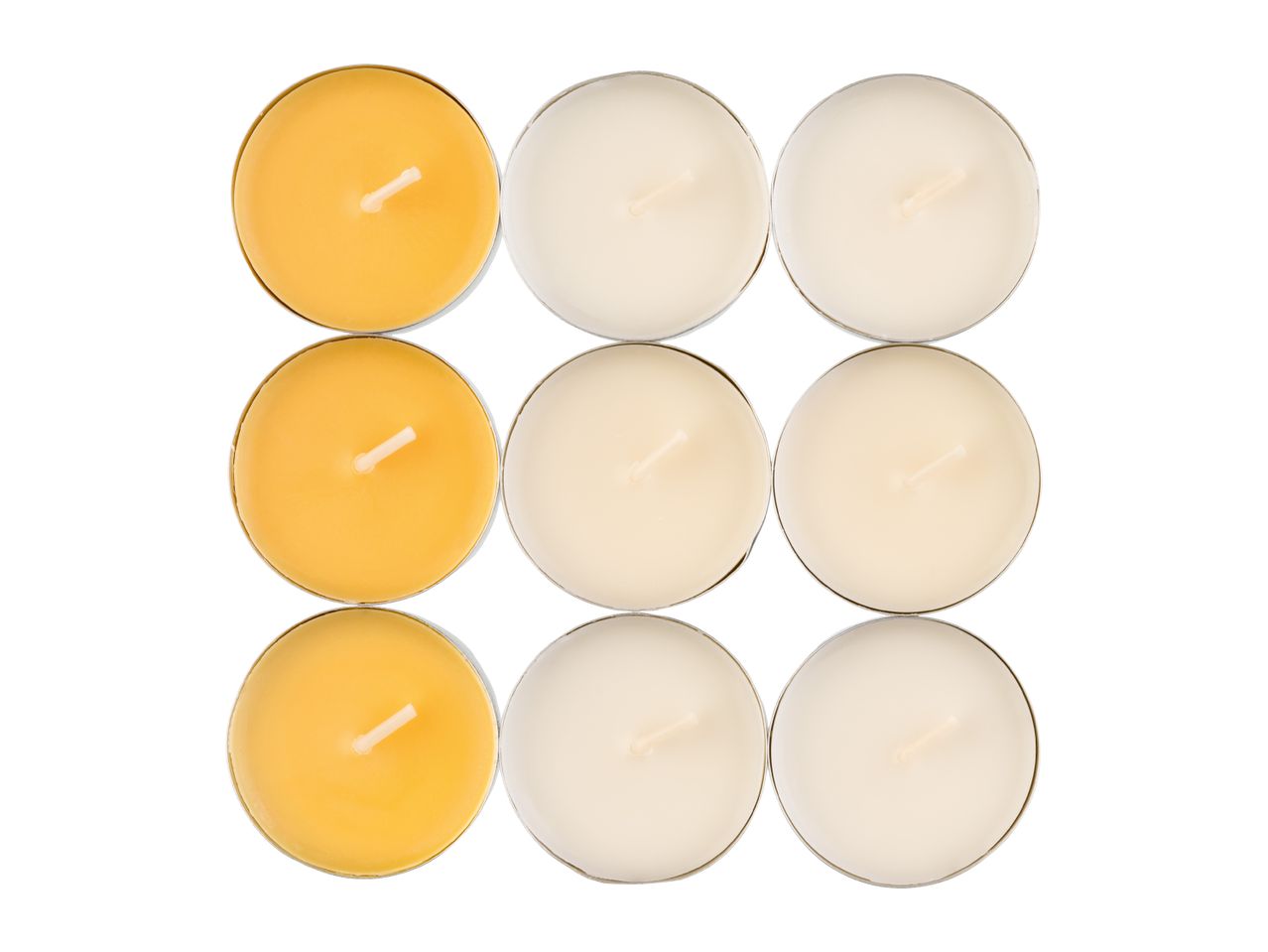 Nine tea light candles, three yellow and six cream, arranged in a grid.