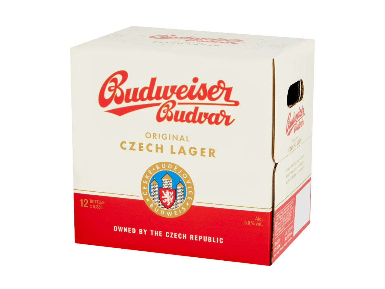 A 12-pack of Budweiser Budvar Original Czech Lager beer.