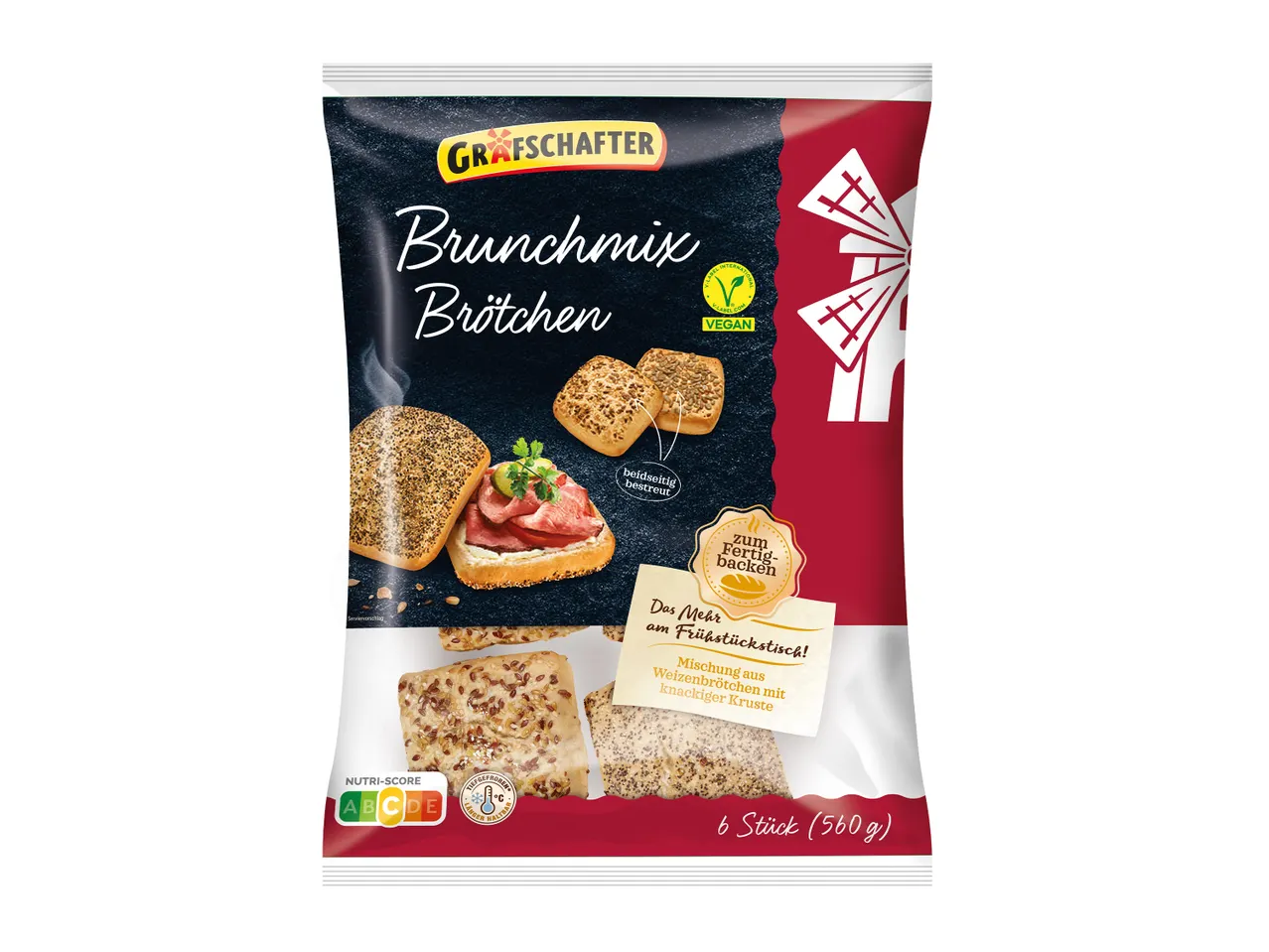 Verpackung mit Brunchmix-Brötchen, teilweise belegt, mit dem Hinweis 'zum Fertigbacken' und 'vegan'.